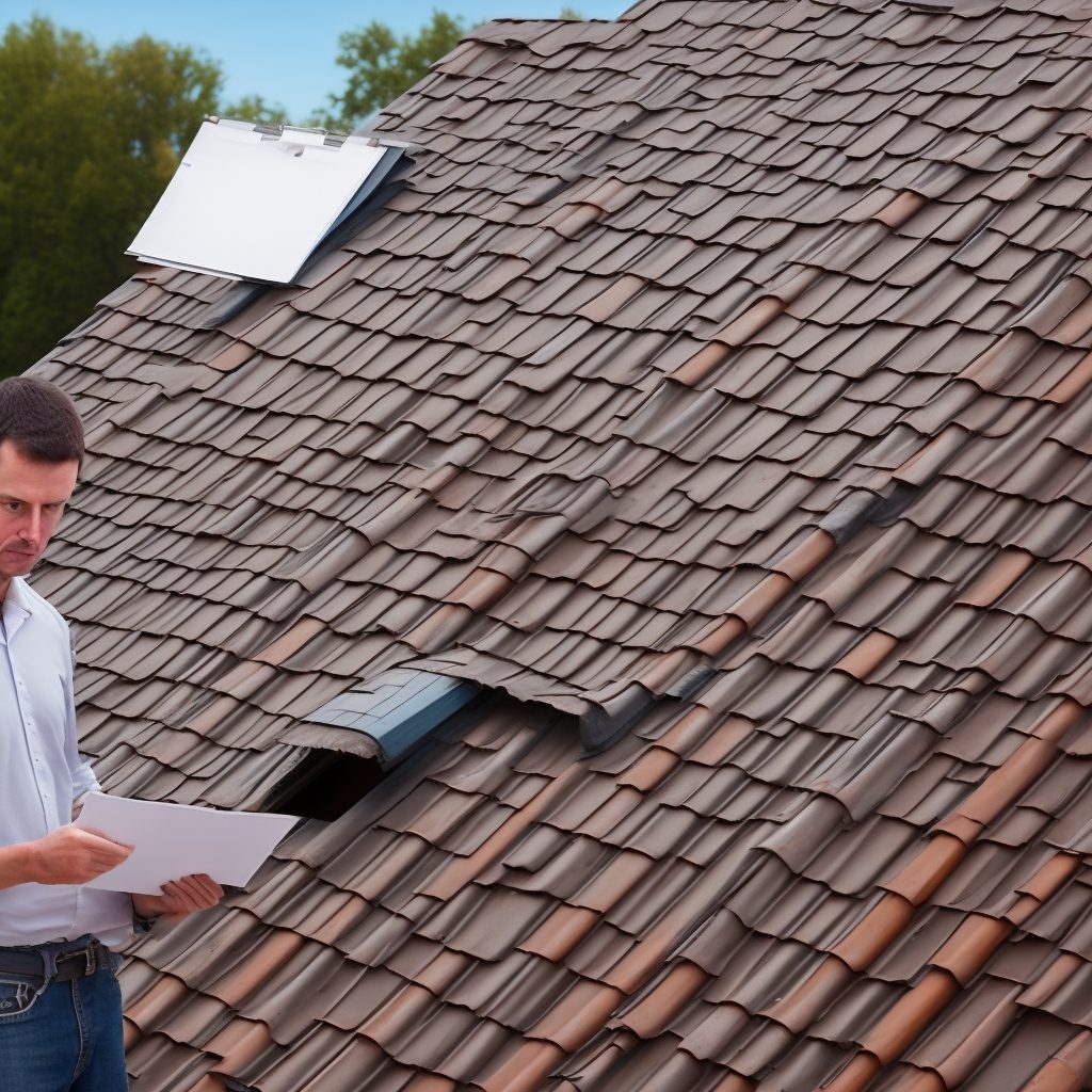 Inspector with a checklist beside a roof vent on a tiled roof